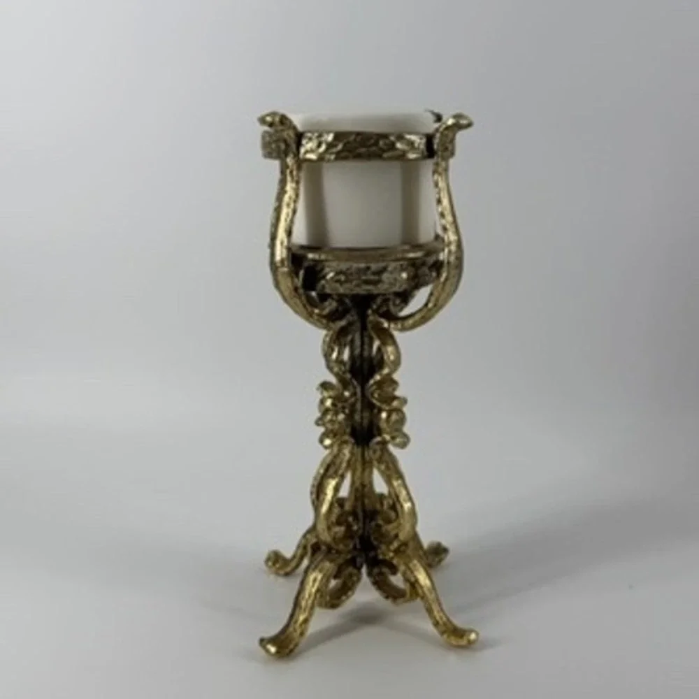Vintage Ornate‎ Gold Tone Metal Candlestick Holder With White Candle 10